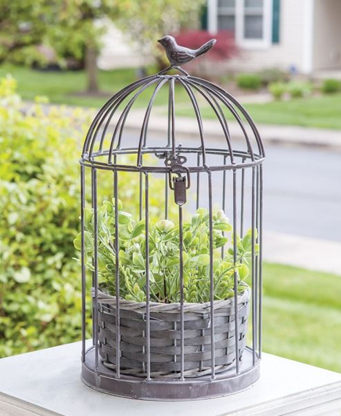 Picture of Graywash Metal Birdcage With Basket Planter