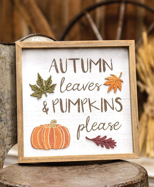 Picture of Autumn Leaves & Pumpkins Please Distressed Wooden Frame