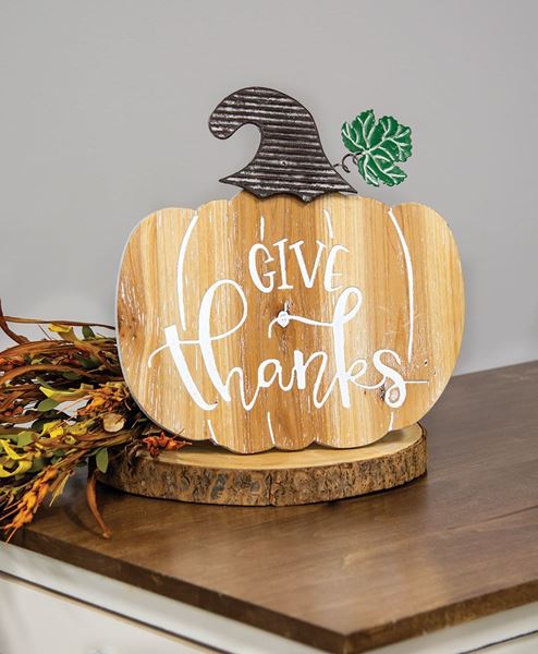 Picture of Give Thanks Engraved Wooden Pumpkin Sign w/Easel Back