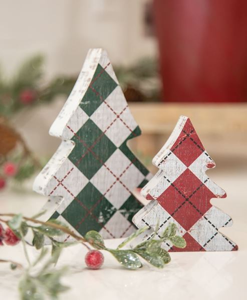 Picture of Distressed Wooden Plaid Christmas Trees, 2/Set