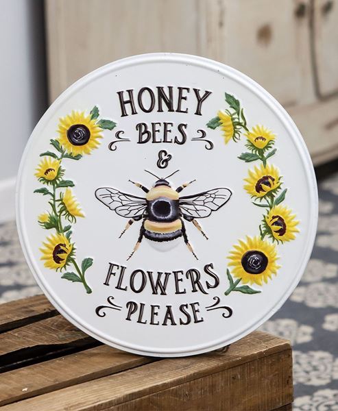 Picture of Honey Bees & Flowers Please Sunflower Round Metal Sign