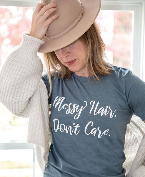 Picture of Messy Hair Don't Care T-Shirt, Heather Slate