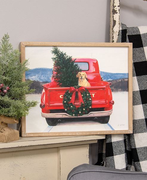 Picture of Golden Dog in Christmas Truck Wood Sign