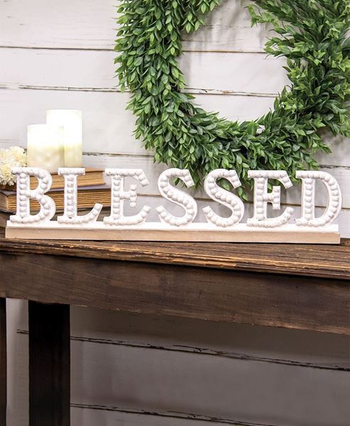 Picture of Blessed Beaded White Wood Sitter